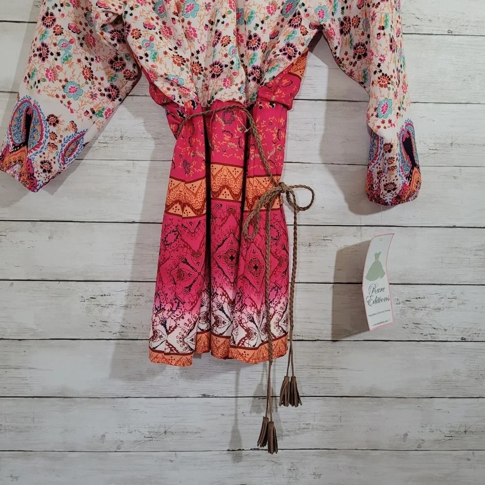 Girls Rare Editions Boho Chic Aztec Design‎ Fuchsia Floral Cold-Shoulder Dress 7
